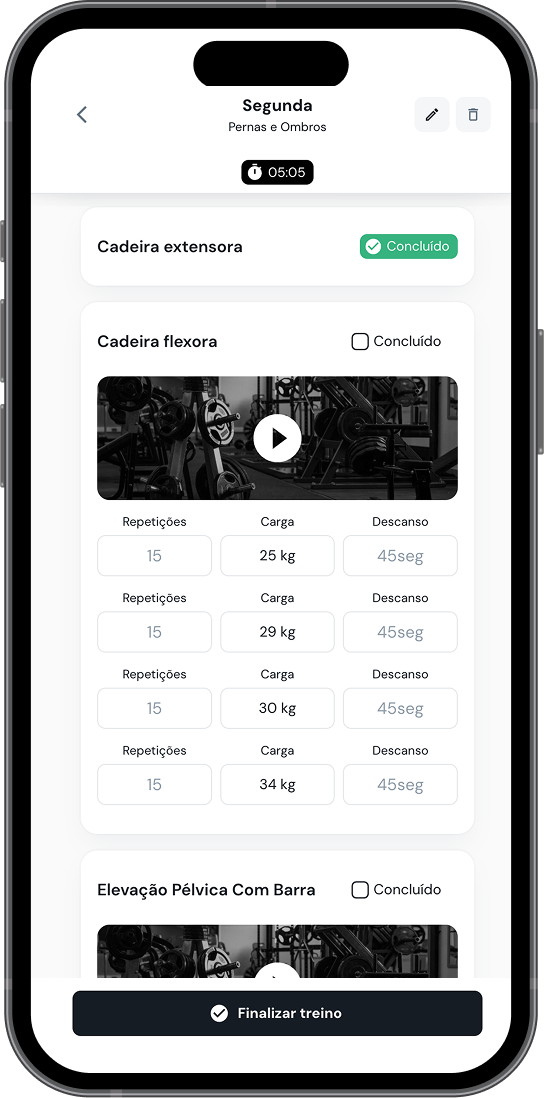 Tela de treino do aluno com exercícios e progresso